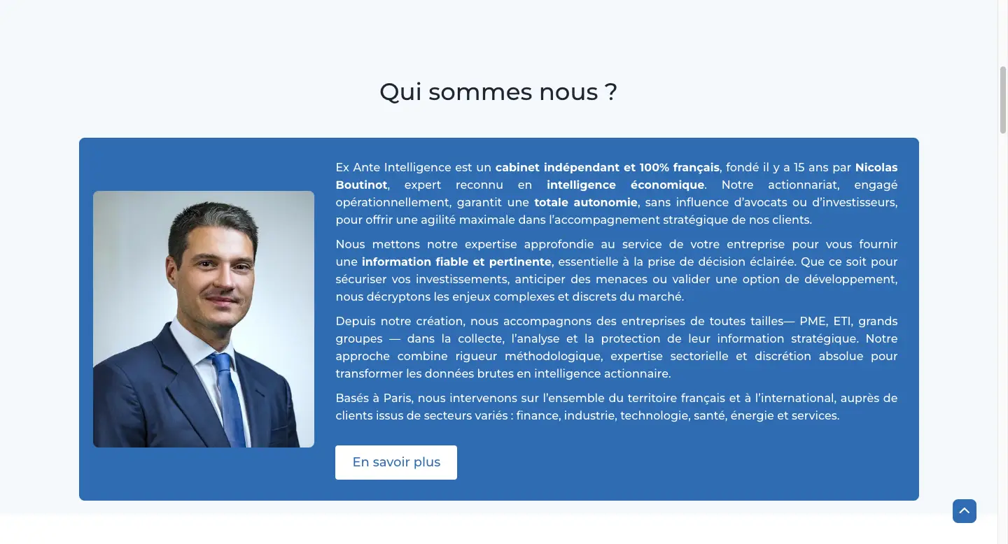 Ex Ante Intelligence – page d'accueil du site